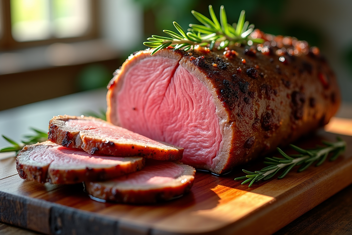 Rôti de boeuf tranché avec romarin en décoration
