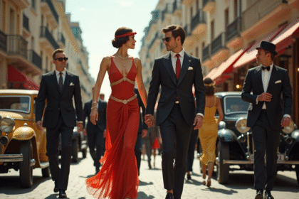 Scène de rue parisienne des années 1920 avec mode élégante