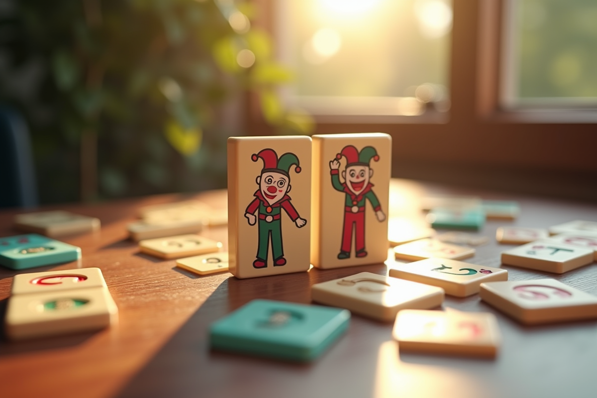 Gros plan sur deux jokers Rummikub avec tuiles colorées