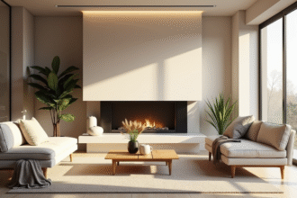 Salon moderne avec cheminée et ambiance chaleureuse