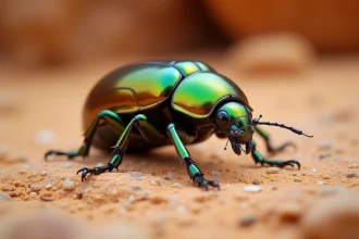 Scarabée iridescent vert et or posé sur une roche de grès usée dans un environnement désertique chaud, symbolisant la protection et le renouveau dans les traditions égyptiennes