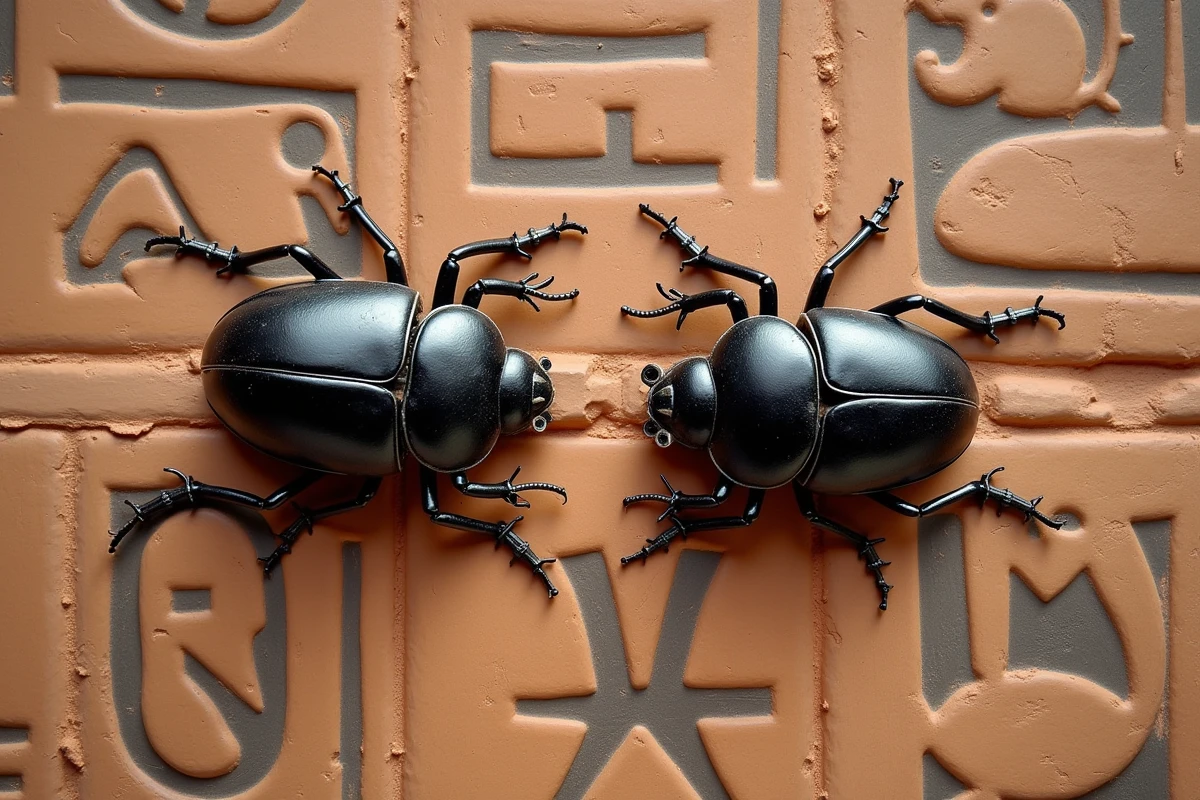 Deux scarabées sur une tuile d'argile ancienne ornée de hiéroglyphes égyptiens peints, illustrant le symbolisme historique et culturel du scarabée comme animal totem sacré