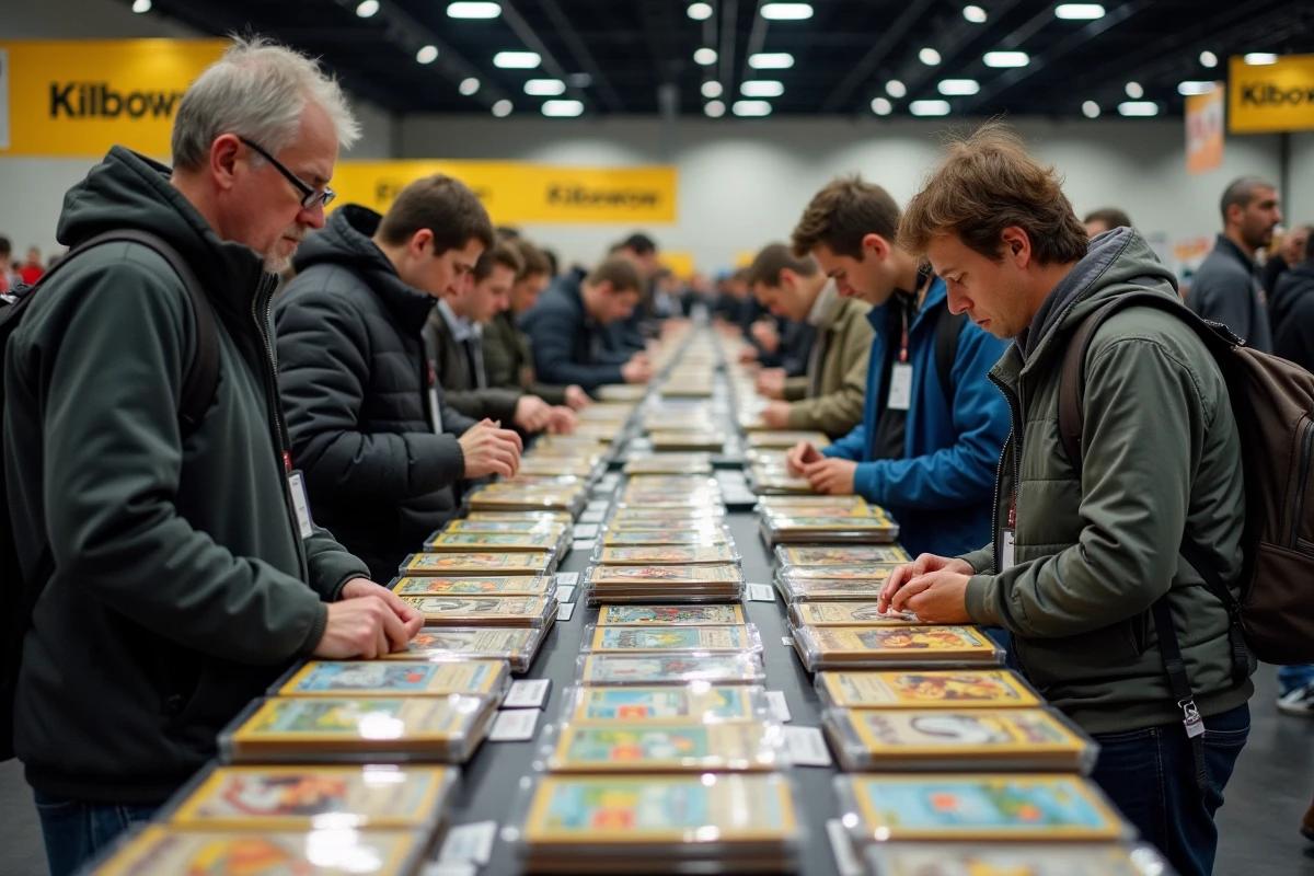 Stand de vente de cartes Pokémon dans un salon de jeux de collection avec des collectionneurs adultes