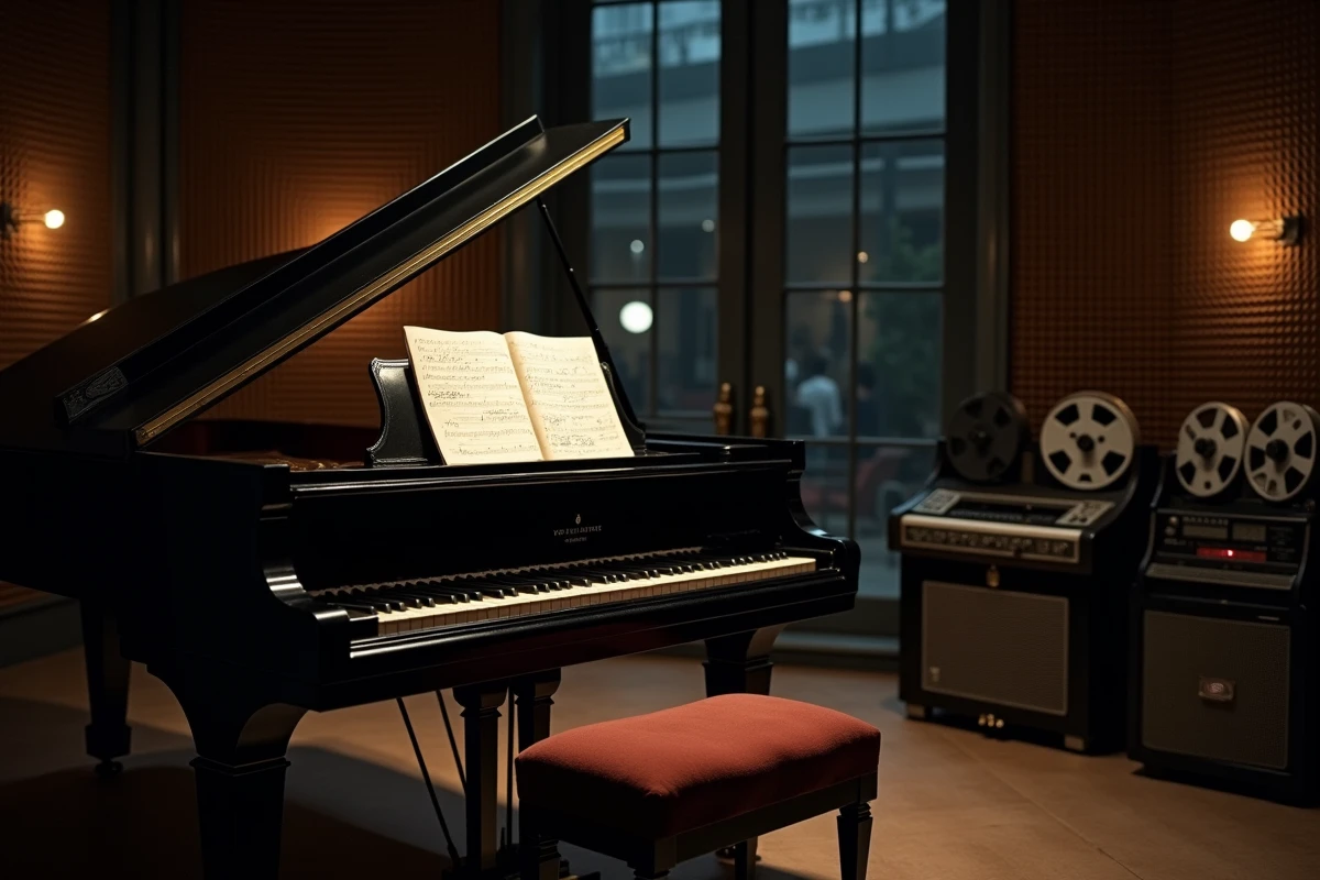 Piano à queue solitaire dans un studio d'enregistrement vintage des années 1970 avec partitions manuscrites, évoquant l'univers musical de Mike Brant