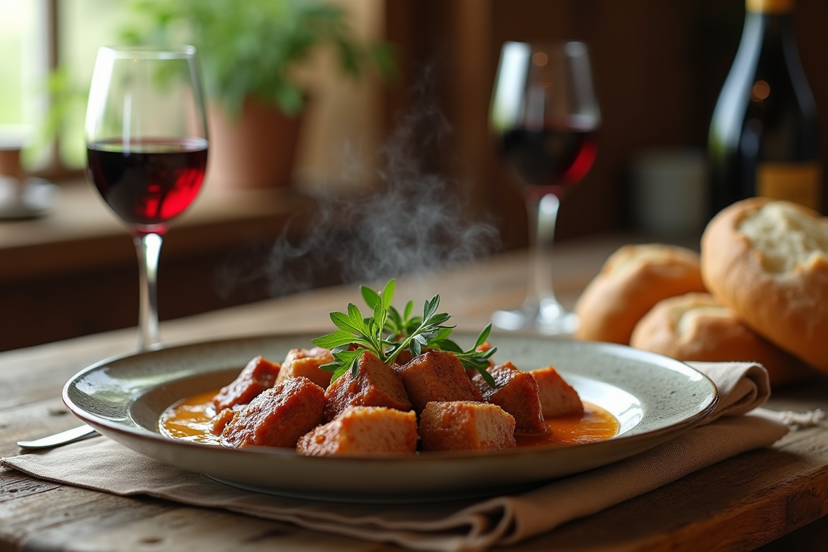 Table rustique avec civet de lapin et vin rouge