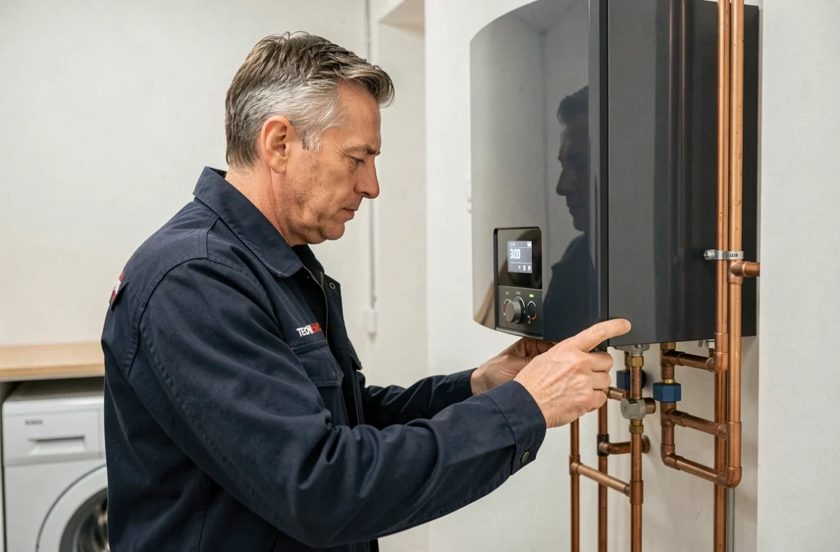 Technicien de Technichauff réglant une chaudière à condensation dans une buanderie résidentielle