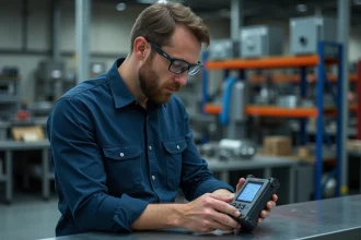 Technicien industriel tenant un dynamomètre numérique dans un atelier professionnel, illustrant la fiabilité des équipements de mesure