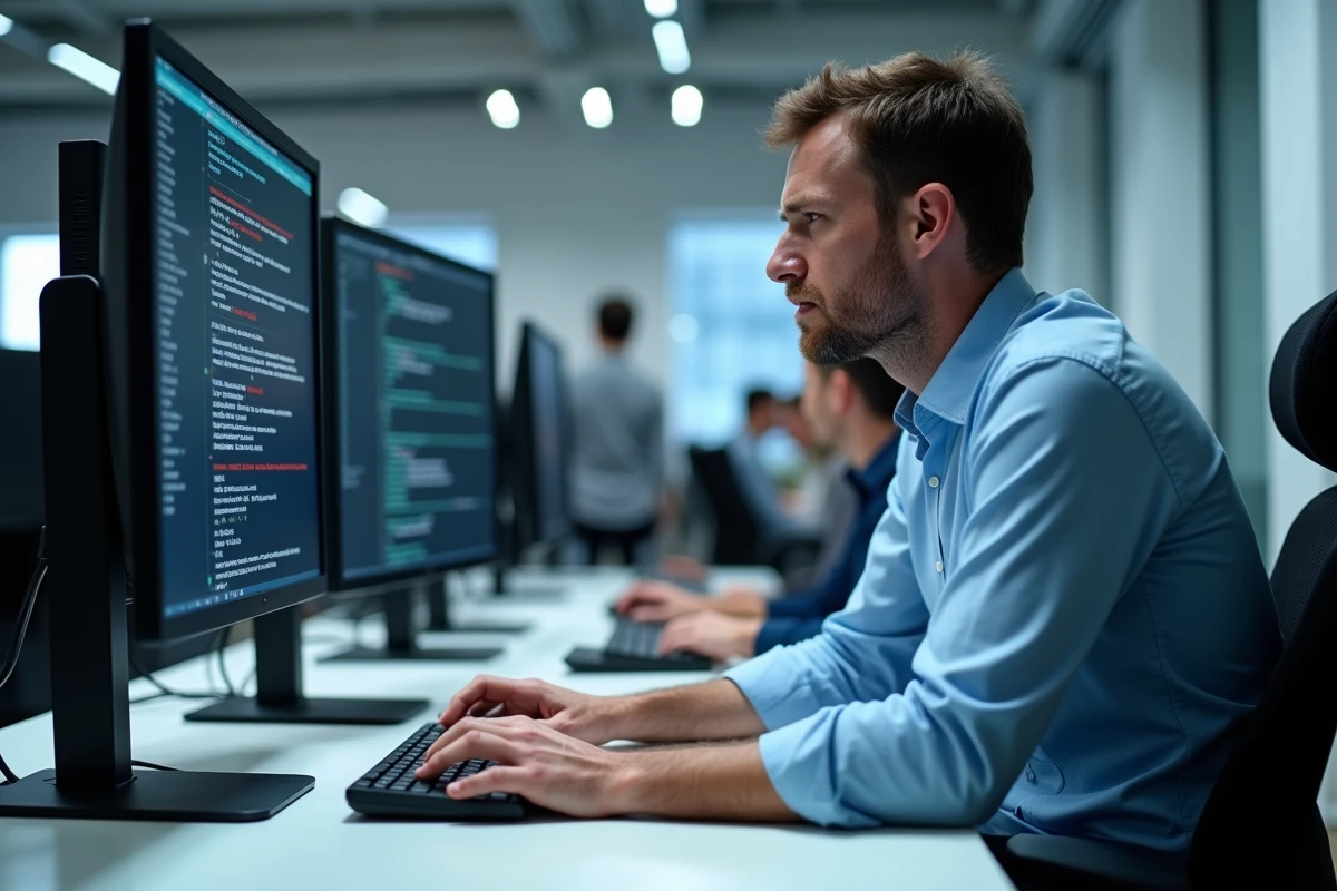 Technicien informatique résolvant un problème d'adresse introuvable sur un poste de travail multi-écrans en entreprise