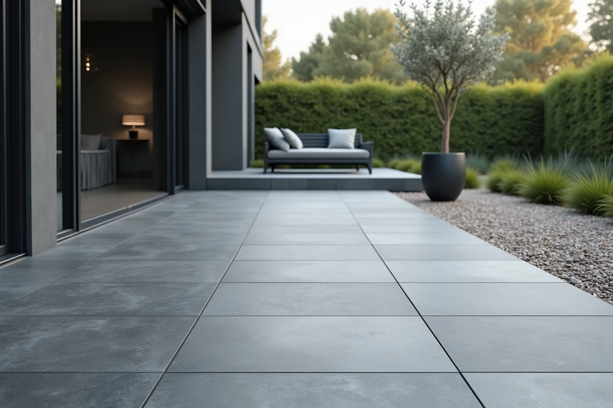 Terrasse urbaine moderne avec de grandes dalles en béton décoratif anthracite disposées en grille régulière devant une maison contemporaine à baies vitrées