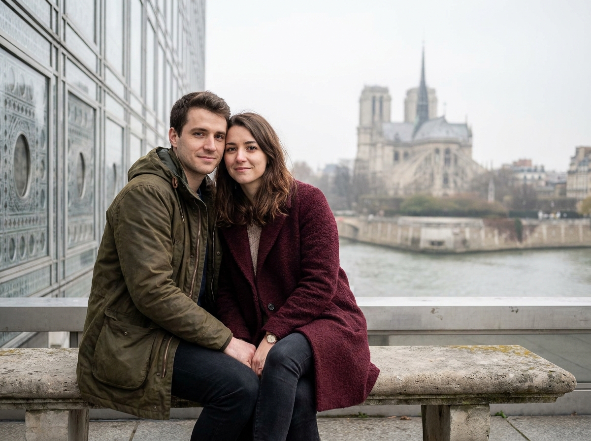 Couple profitant de la vue sur Notre-Dame et les toits de Paris depuis la terrasse de l'Institut du Monde Arabe
