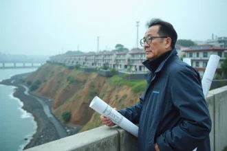 Urbaniste japonais debout sur une digue en béton surplombant une ville côtière reconstruite au Tohoku, illustrant les nouvelles infrastructures de protection contre les tsunamis