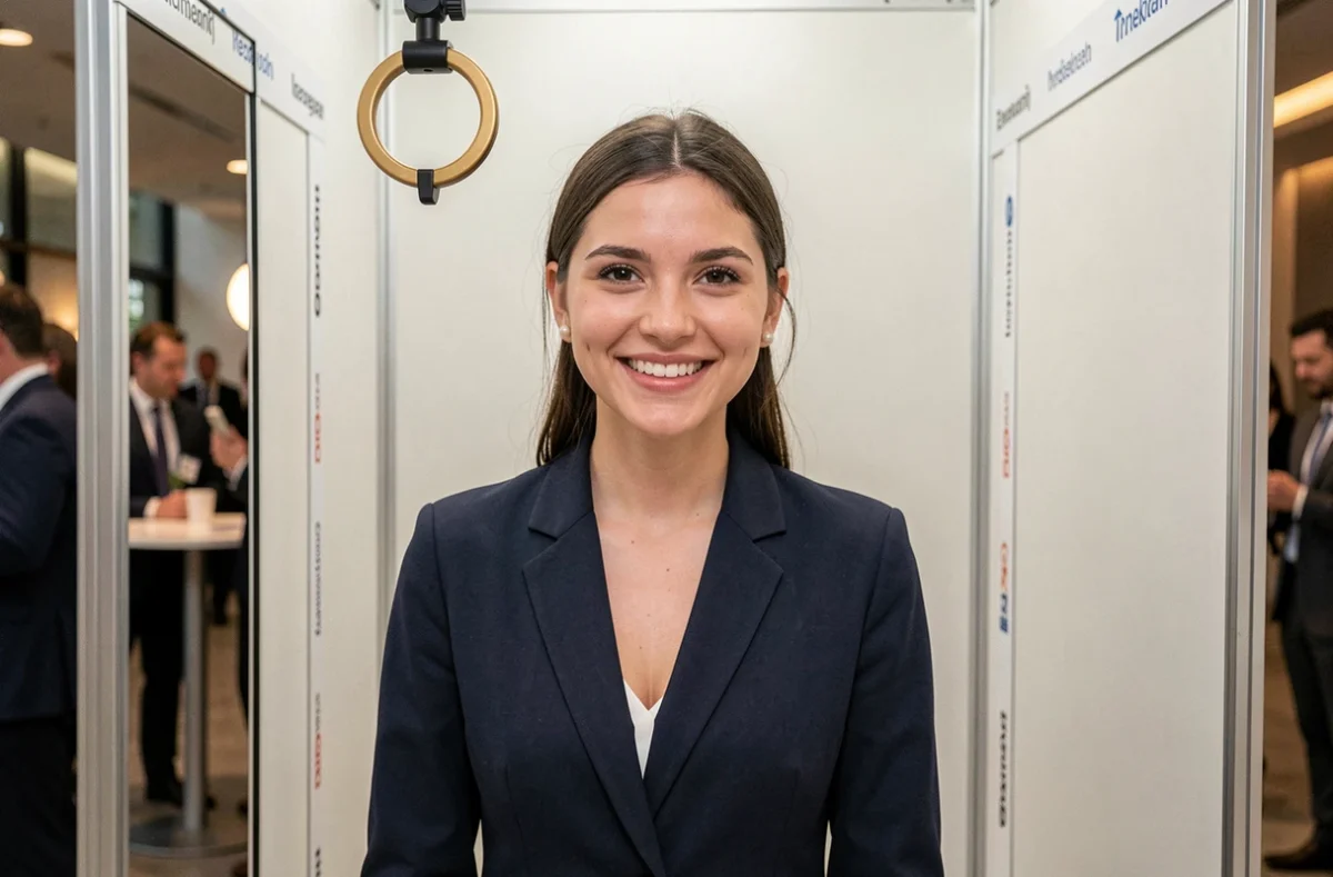 Femme professionnelle souriante utilisant une borne photomaton premium lors d'un événement d'entreprise