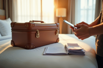 Valise élégante sur un lit en chambre d'hôtel ensoleillée