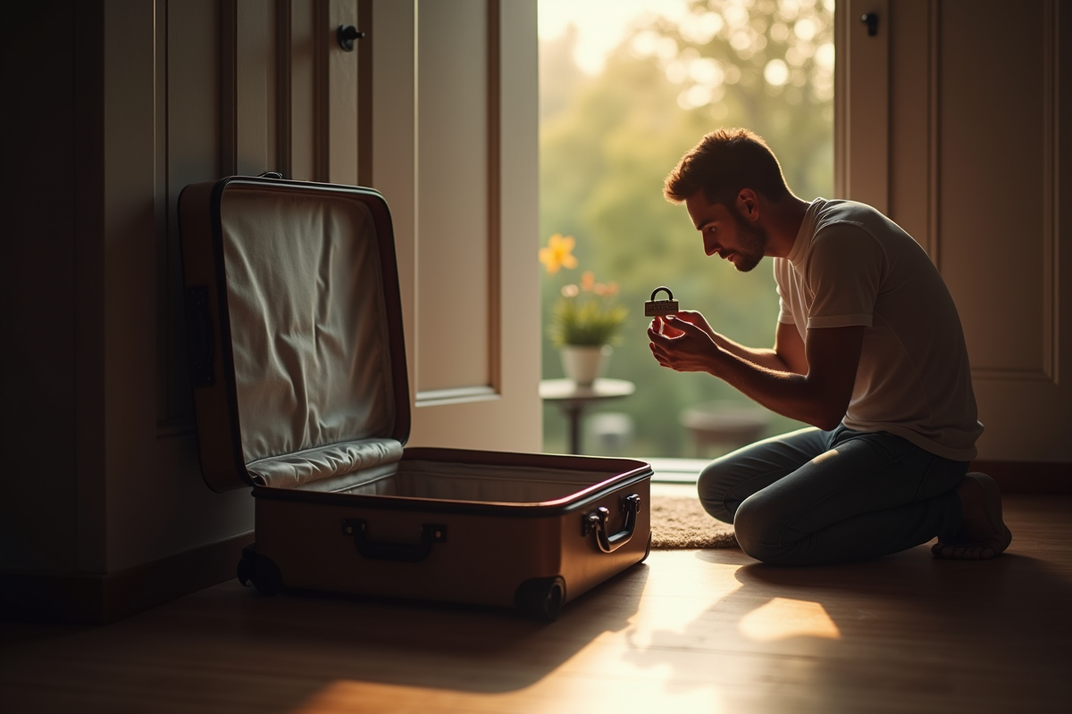 Valise ouverte au sol près de la porte avec une personne cherchant un cadenas