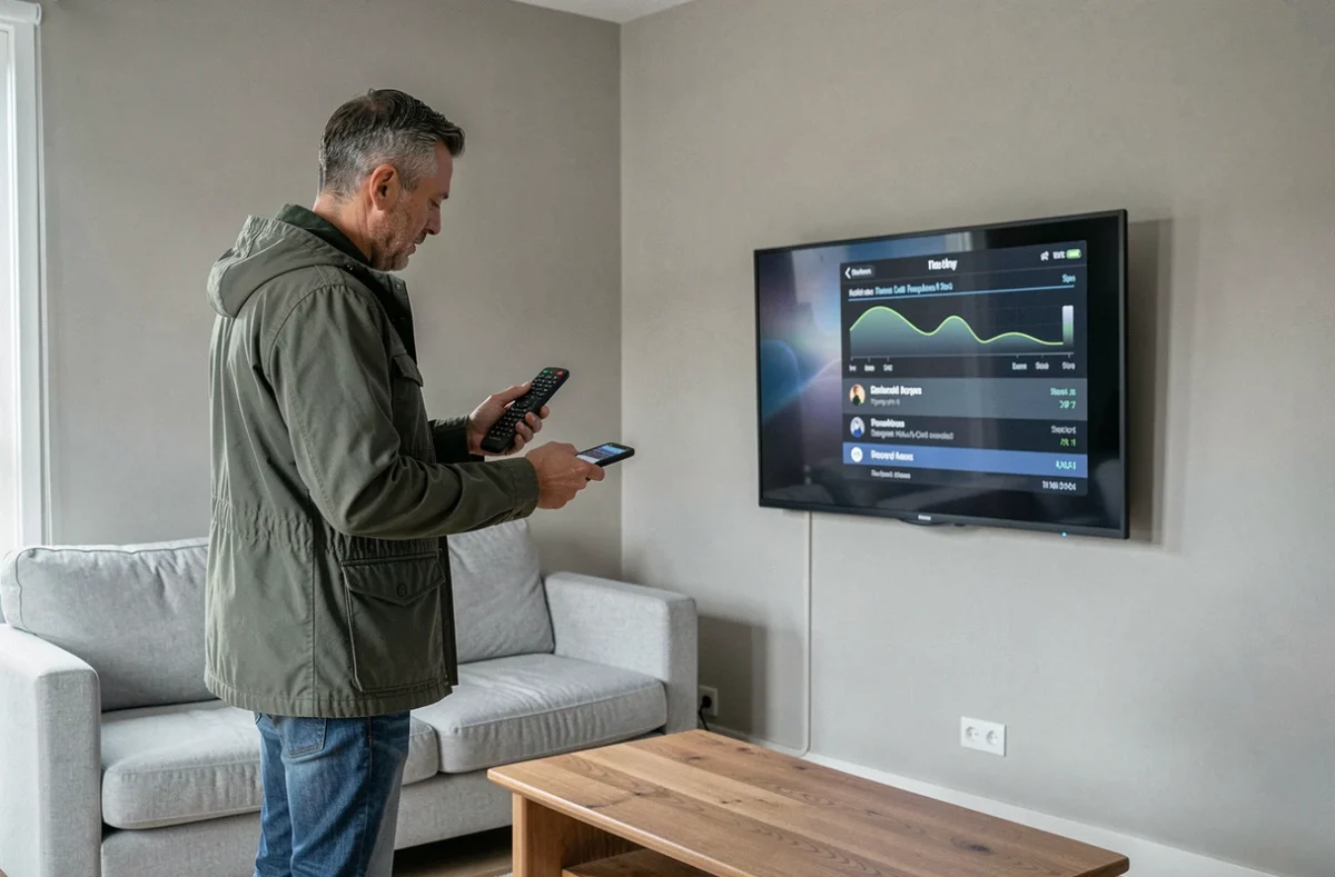 Homme vérifiant la réception des chaînes TV dans son salon à l'aide d'un smartphone et d'une télécommande