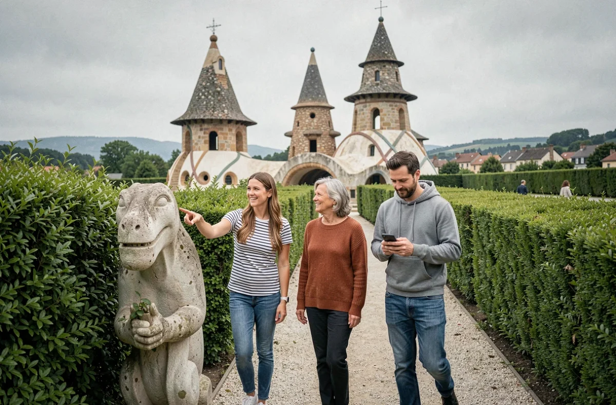 Groupe de visiteurs se promenant dans les jardins du Palais Idéal du Facteur Cheval à Hauterives