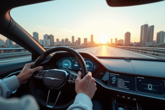 Voiture autonome futuriste sur autoroute ensoleillee