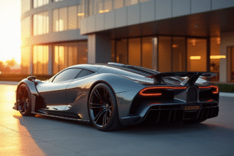 Voiture de luxe ultrarare devant un bâtiment moderne au coucher du soleil