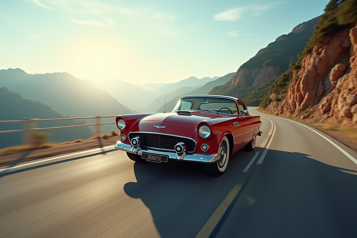 Voiture vintage rare en conduite sur une route de montagne avec paysage
