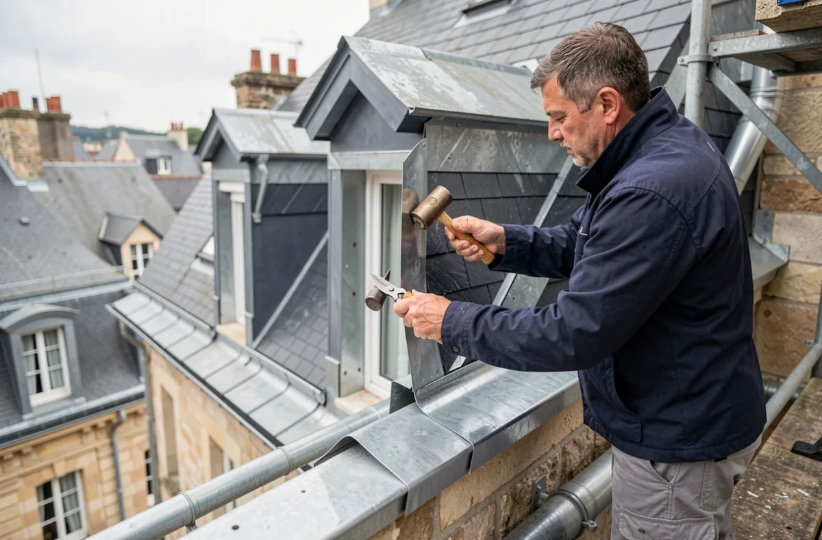 Zingueur d'Ets Vuillemin Couverture Zinguerie posant un habillage en zinc sur une lucarne en Haute-Saône