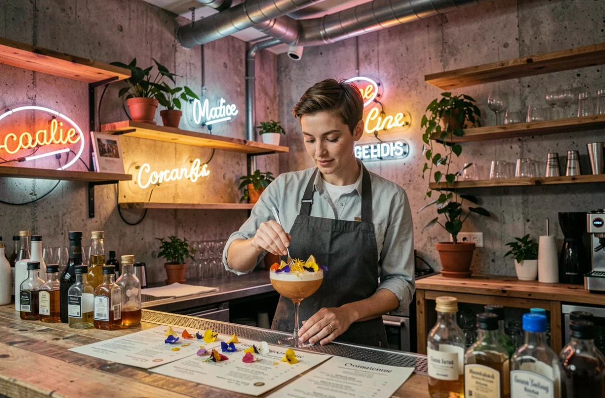 Bartendeuse créative garnissant un cocktail floral au Winona Bar dans le 11e arrondissement de Paris